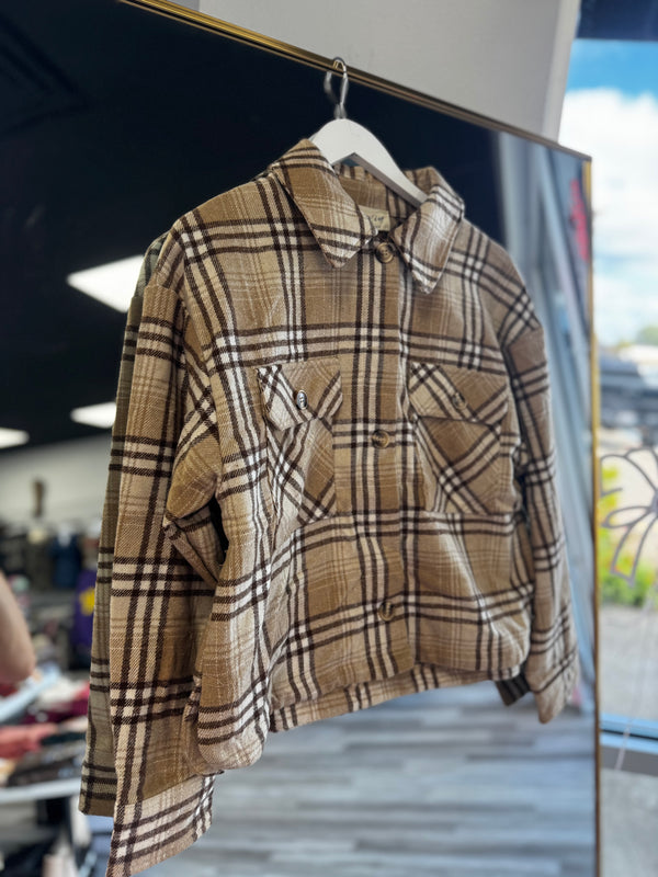 Brown Tan Plaid Crop Shacket