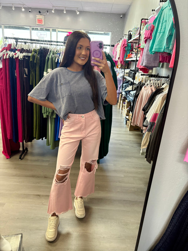 The Leslie Powder Pink Distressed Jeans