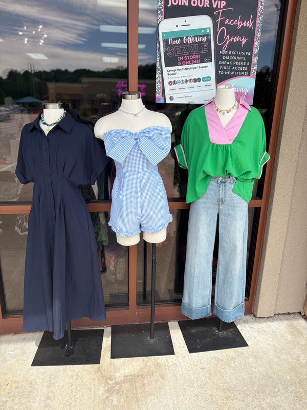 Gingham Print Light Blue Bow Romper