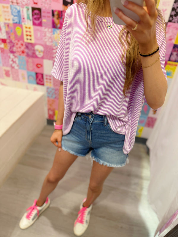 Ribbed Striped Oversized Short Sleeve Top