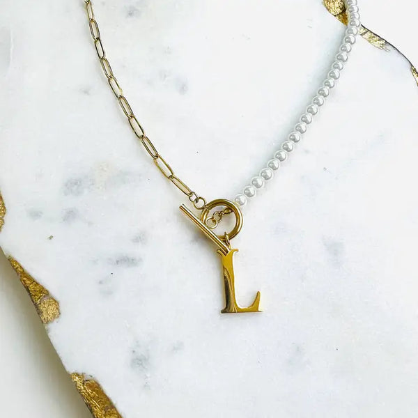 Half Pearl Half Paper Clip Chain Letter Necklace