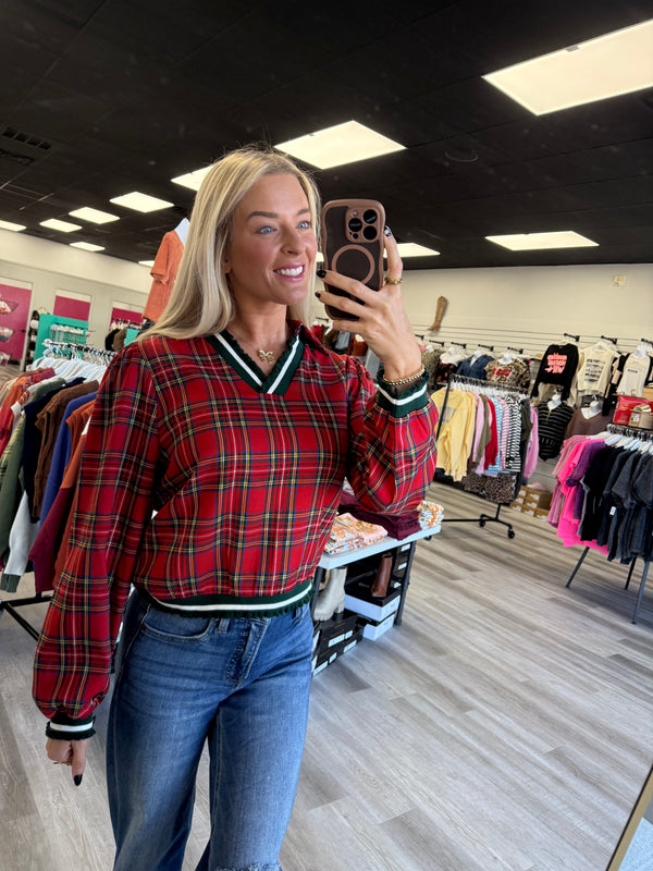 Christmas Plaid Varsity V Neck