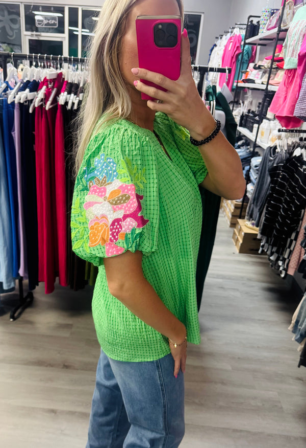 For So Long Green Embroidery Top