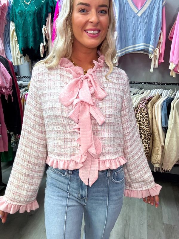 Tweed Ruffle Bow Tied Jacket Top
