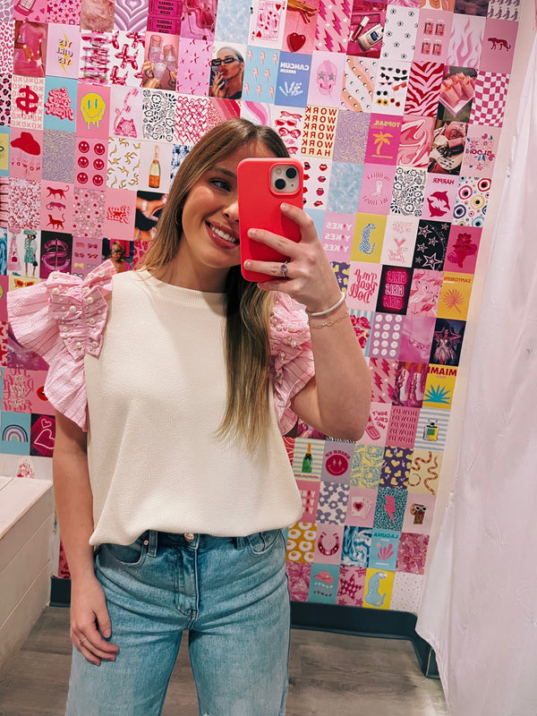 Dreamy Moment Pearl Ruffle Sleeve Top