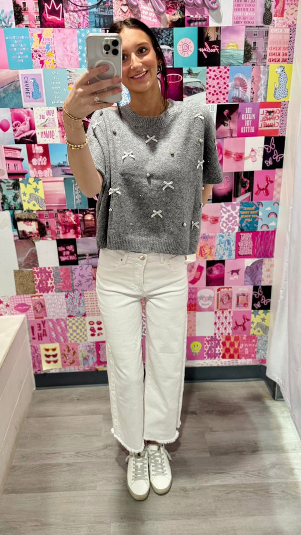 Silver Beaded Pearl and Bow Gray Sweater