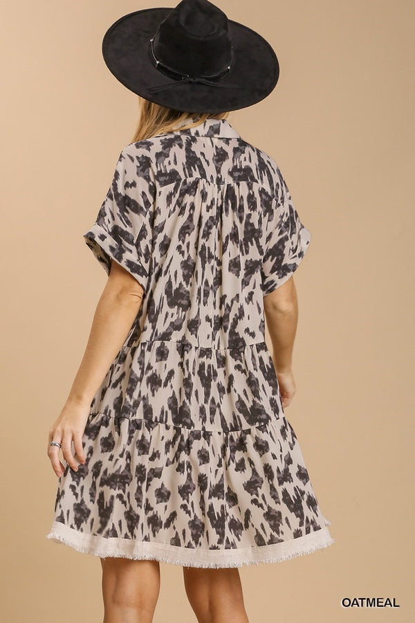 Collared Animal Print Dress Oatmeal
