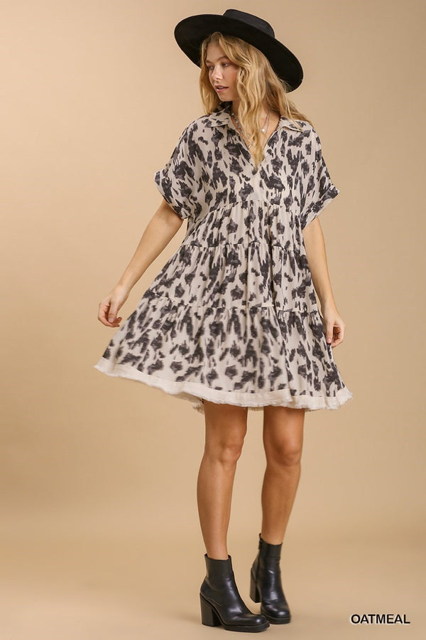 Collared Animal Print Dress Oatmeal