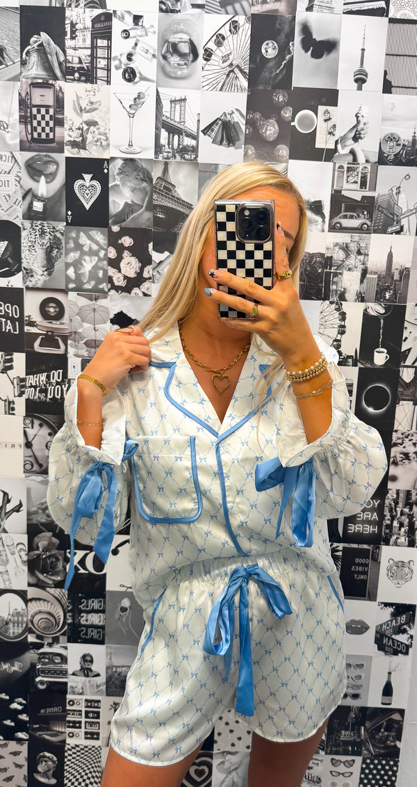 In My Dreams Satin Blue and White Bow Pajama Set