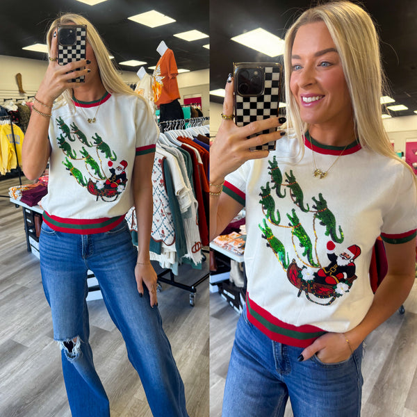 Cajun Santa Christmas Alligator Short Sleeve Sweater