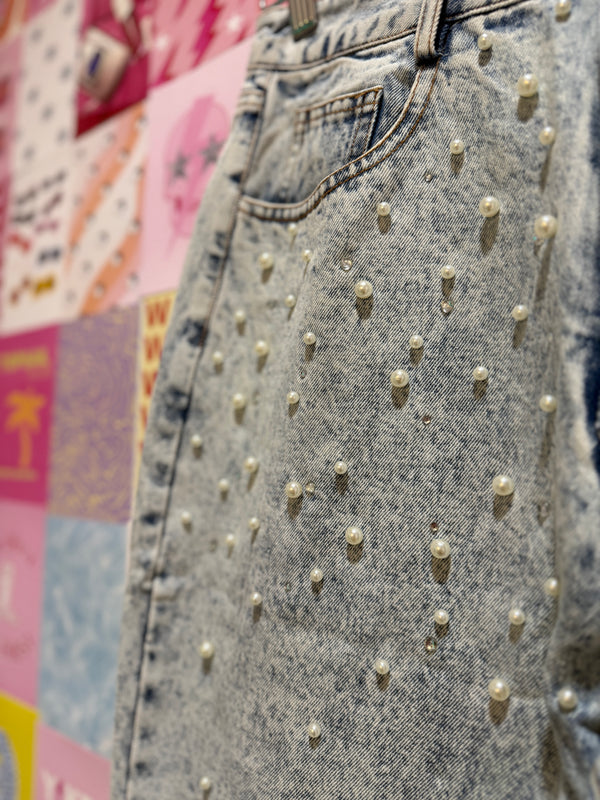 Pearl Embellished Light-wash Denim Jeans
