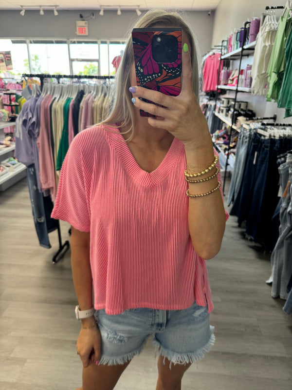 Ribbed V Neck Coral