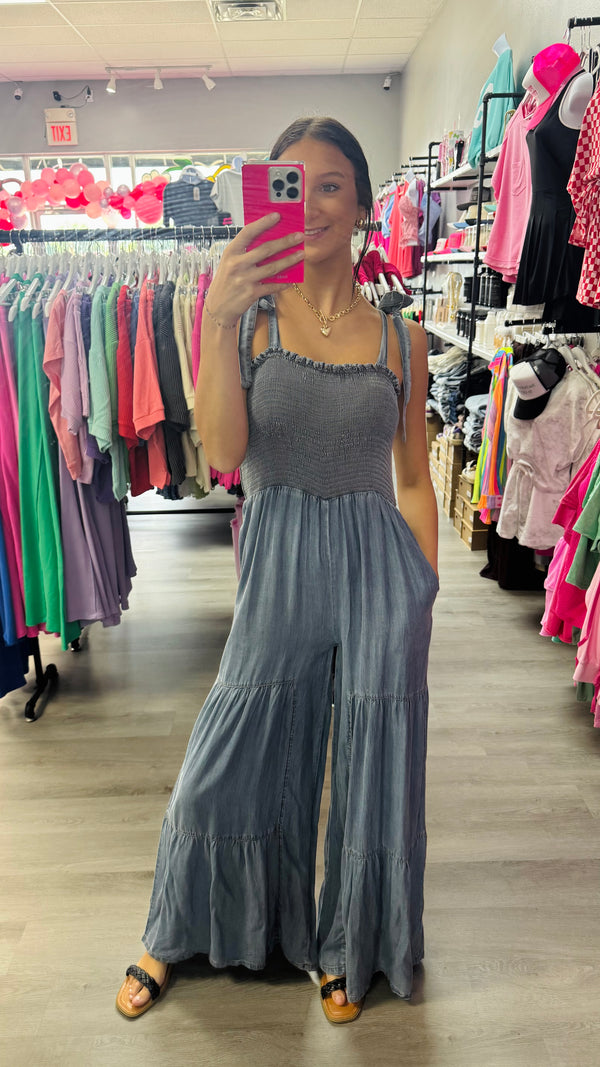 Smocked Tie Chambray Palazzo Wide Pant Jumpsuit