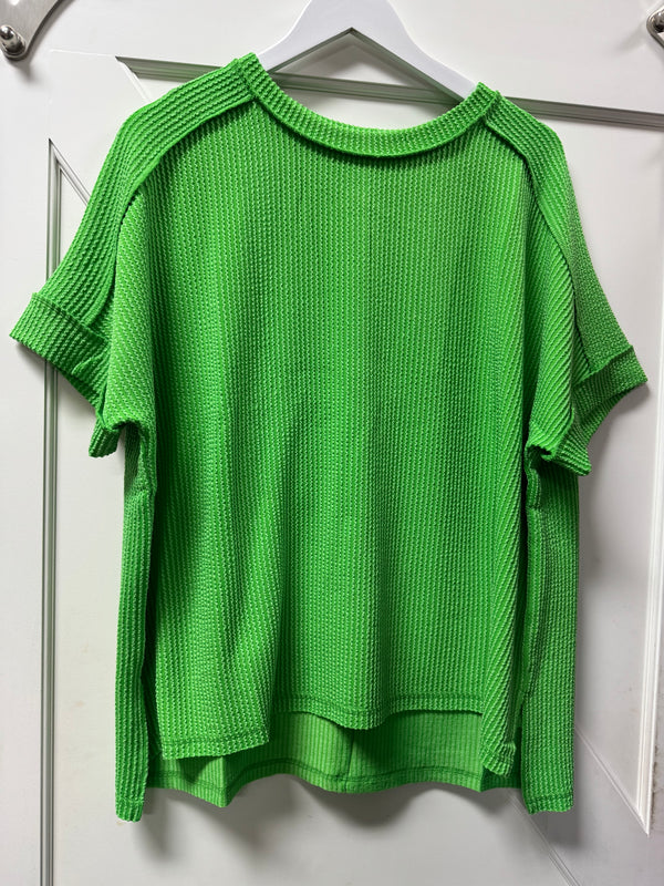 Corded Rib Short Cuff Sleeve Raw Edge Top