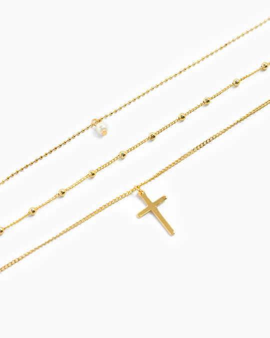 Triple Layered Pearl Cross Necklace