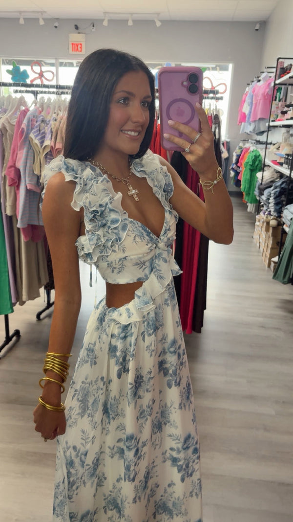 In My Heart Blue Floral Pattern Ruffle Maxi