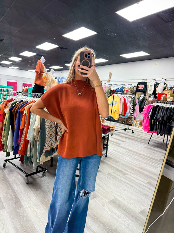 Ribbed Knit Short Dolman Sleeves Top Rust