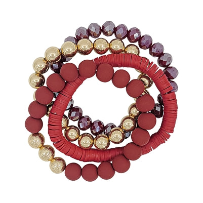 Wine Red Rubber, Crystal, and Gold Set of 4 Stretch Bracelets