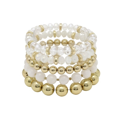 White Crystal, Stone, and Gold Set of 5 Stretch Bracelets