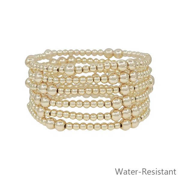 Set of 7 Gold Beaded Water Resistant Stretch Bracelets