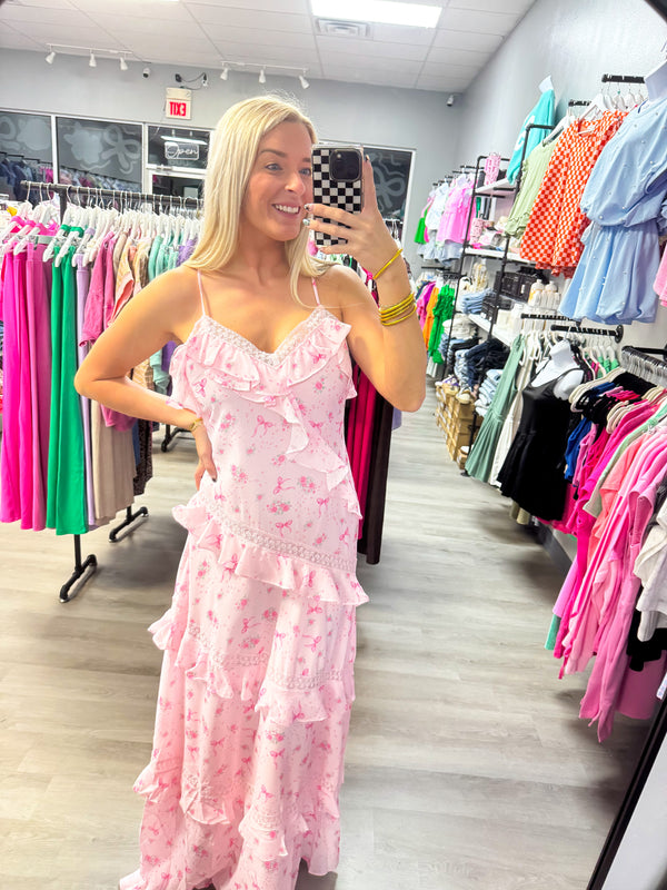 Pink Rose Bow Ruffle Maxi Dress