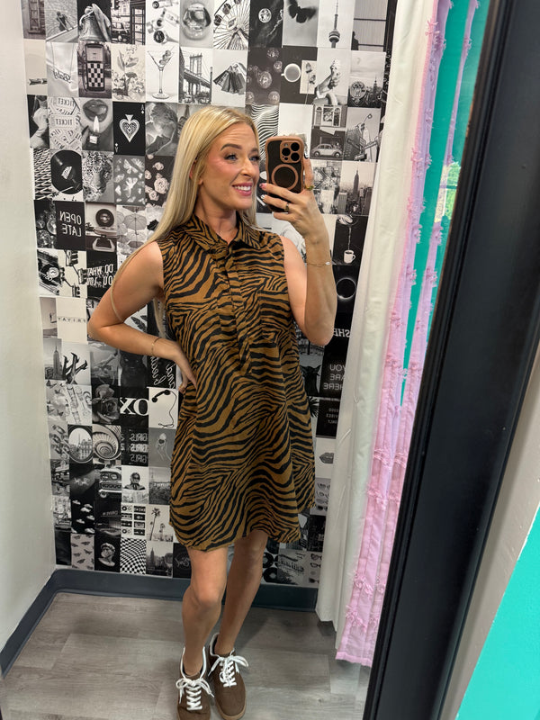 Tiger Print Button Down Shirt Dress With Pockets