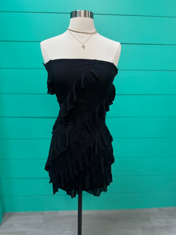 Black Ruffle Strapless Dress