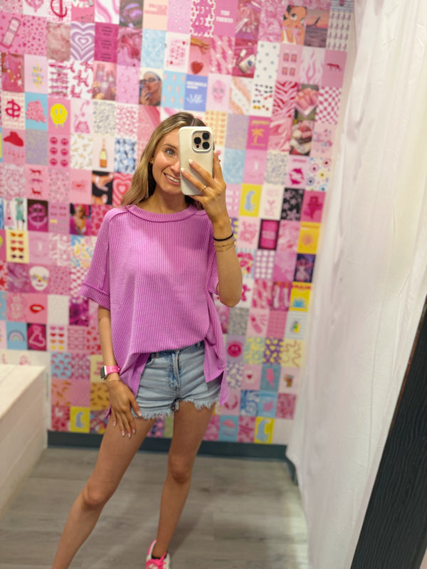 Corded Rib Short Cuff Sleeve Raw Edge Top