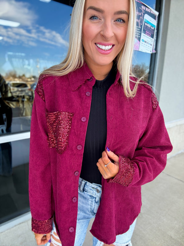 Wine Sequin Collared Button Down Shacket