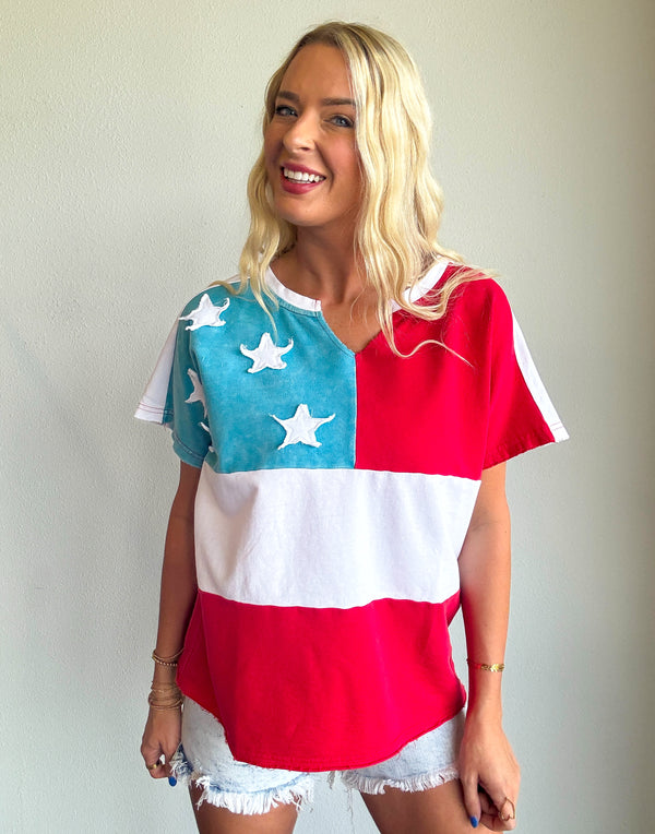 American Flag Motive Mineral Washed Knit Top