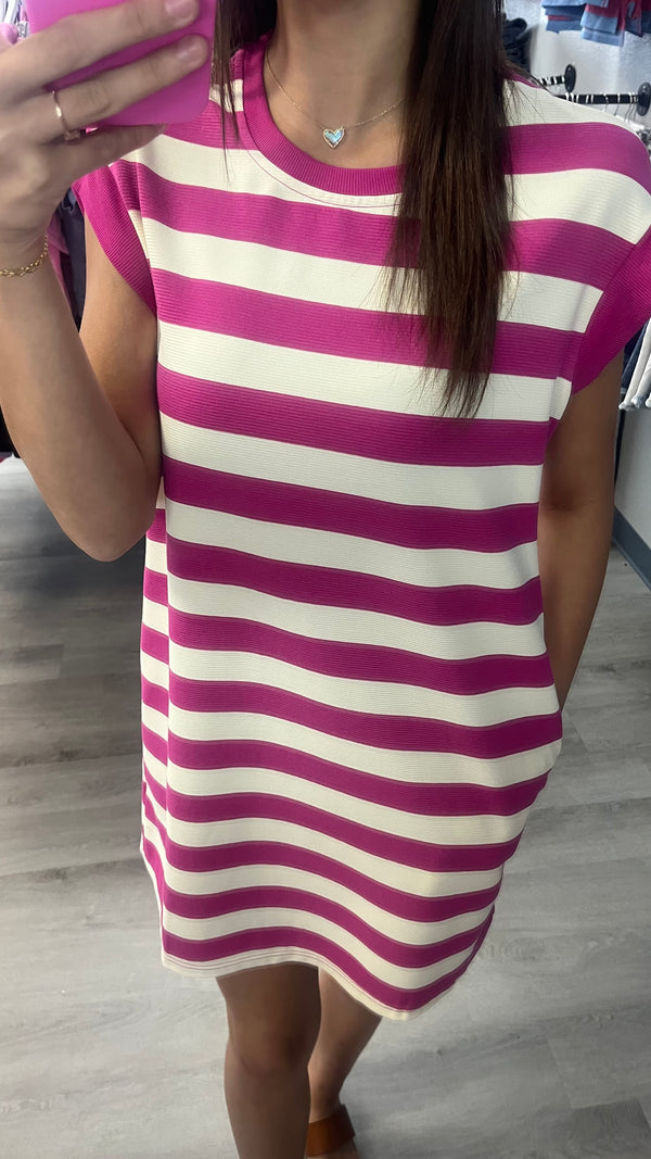 Stripe Cap Sleeve Pocketed Shift T-shirt Dress