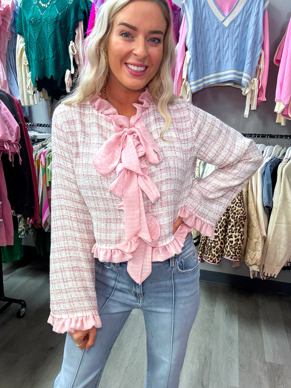 Tweed Ruffle Bow Tied Jacket Top