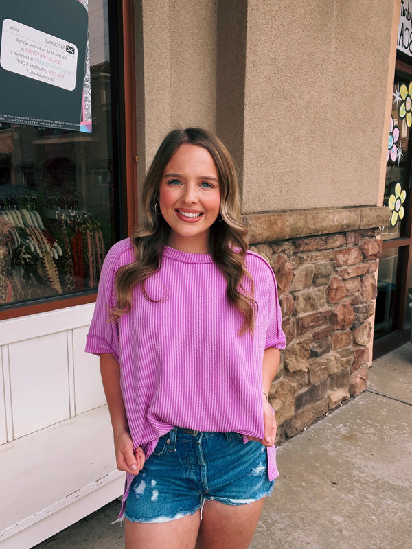 Corded Rib Short Cuff Sleeve Raw Edge Top