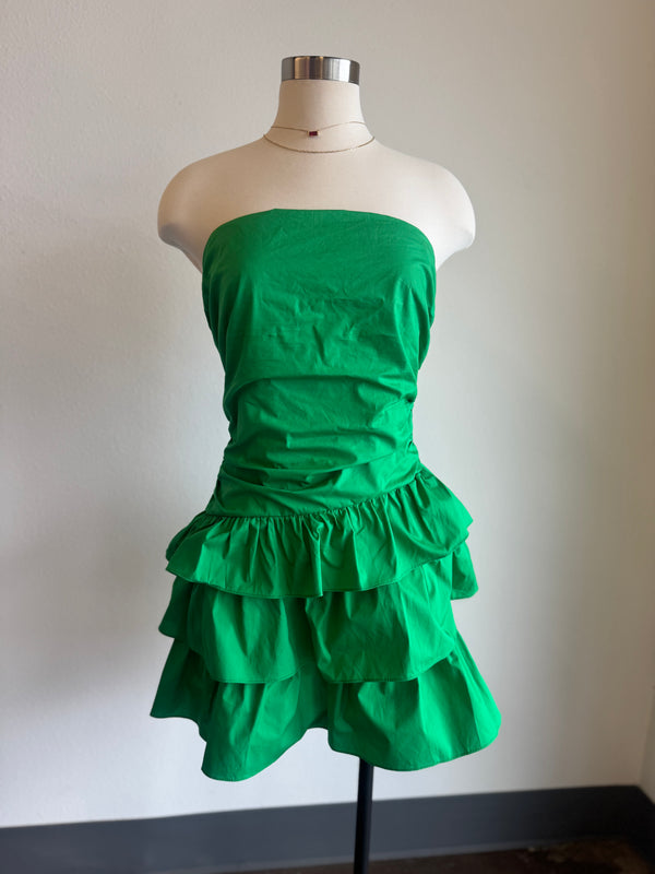 Green Strapless Ruched Tiered Ruffle Mini Dress