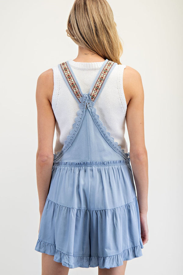 Lace Trim Overall Romper Light Blue