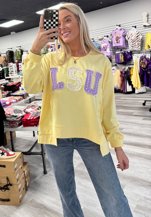 LSU (Licensed) | Women's Distressed Embroidery Pullover