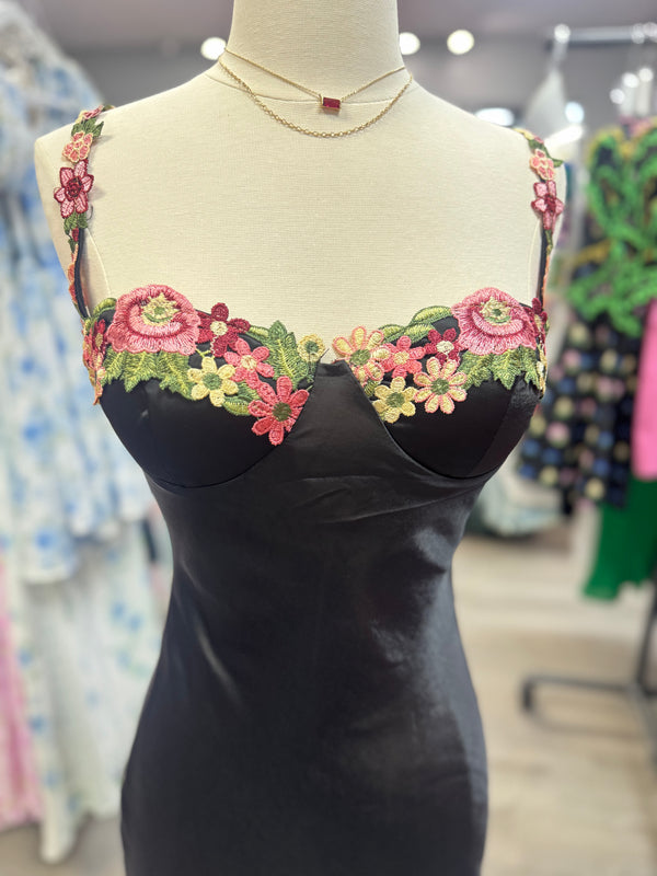 High Confidence Floral Trim Satin Dress