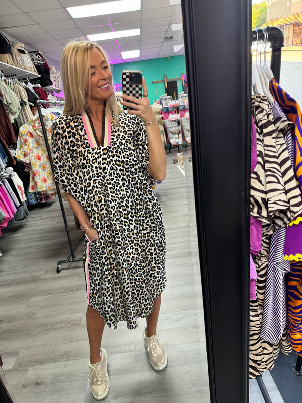 Leopard Dress with Ribbon Collar