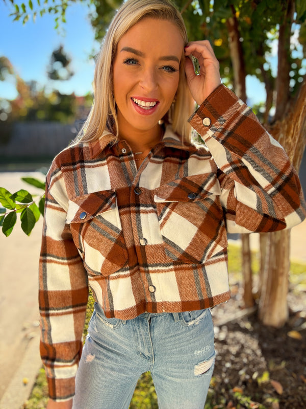 Plaid Cropped Shacket - Terracotta