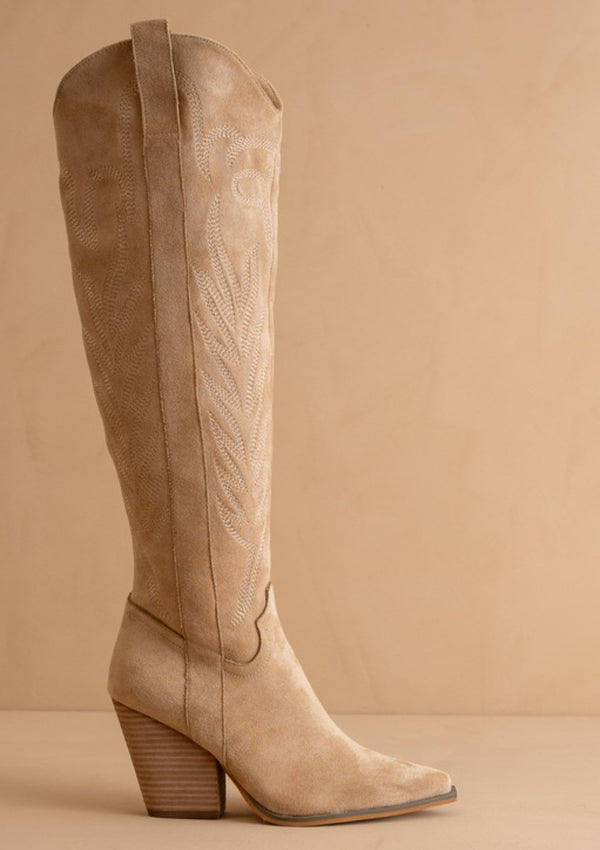The Bronco Knee High Embordered Cowgirl Boots Almond