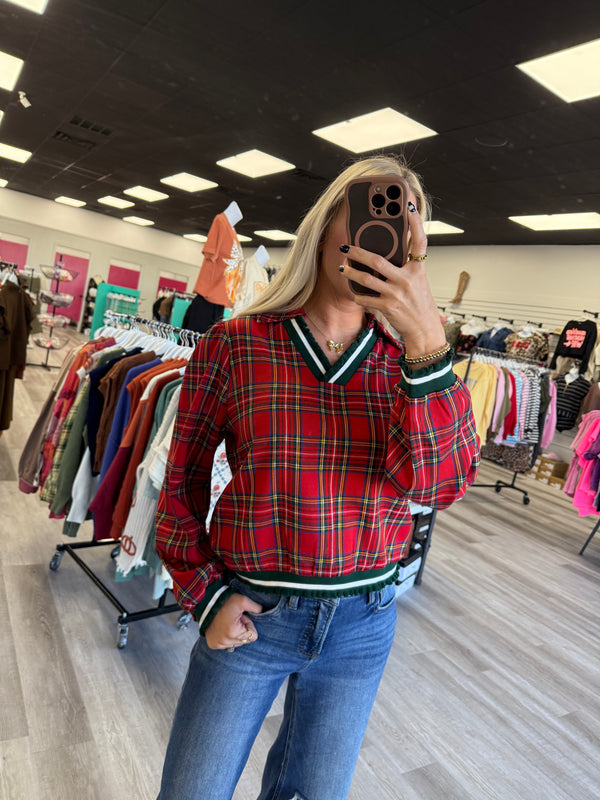 Christmas Plaid Varsity V Neck