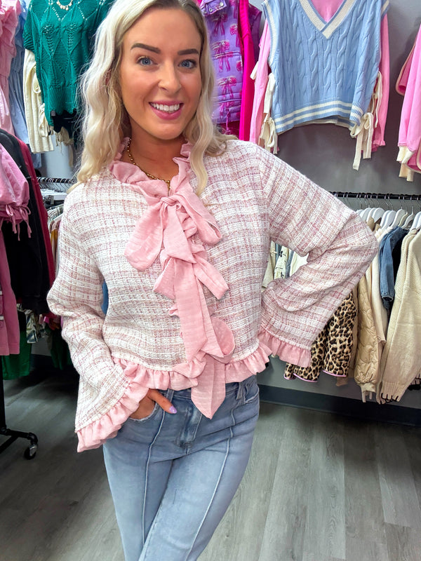 Tweed Ruffle Bow Tied Jacket Top