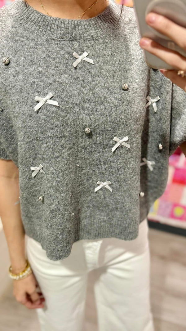 Silver Beaded Pearl and Bow Gray Sweater