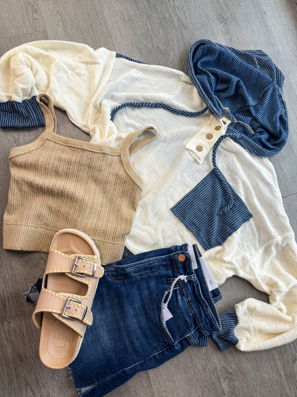 Navy Drawstring Color Contrast Ribbed Top