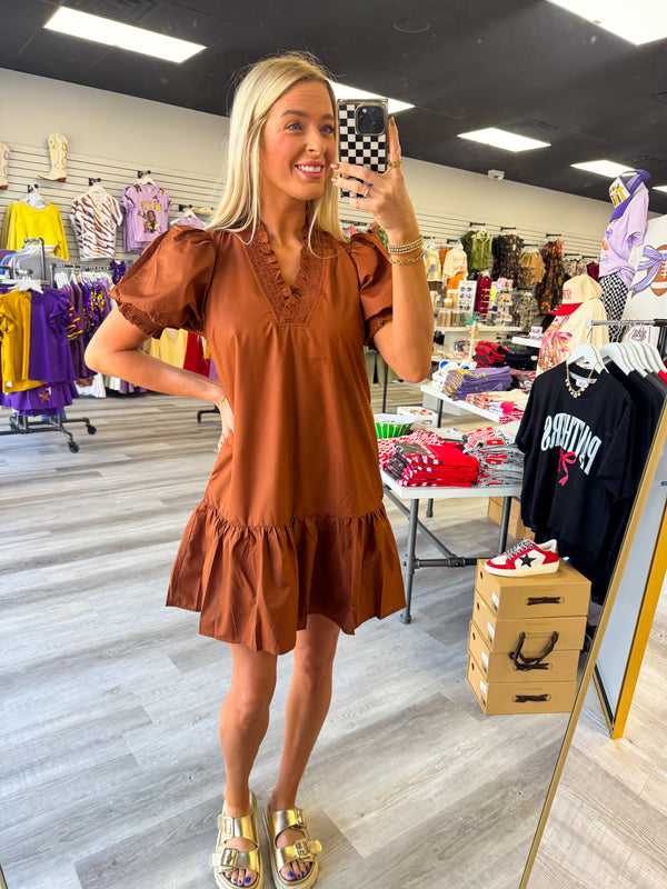 Drawn To You V-Neck Dress - Warm Brown