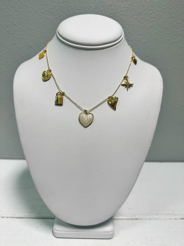 Heart and Lock Multiple Charms Beaded Chain Necklace