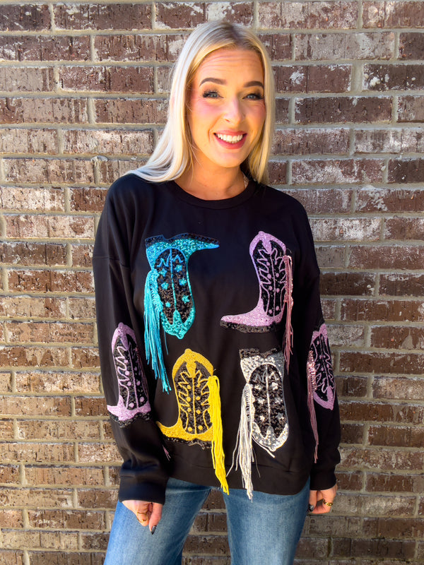 Cowgirl Era | Boot Sequin Fringe Fleece Top
