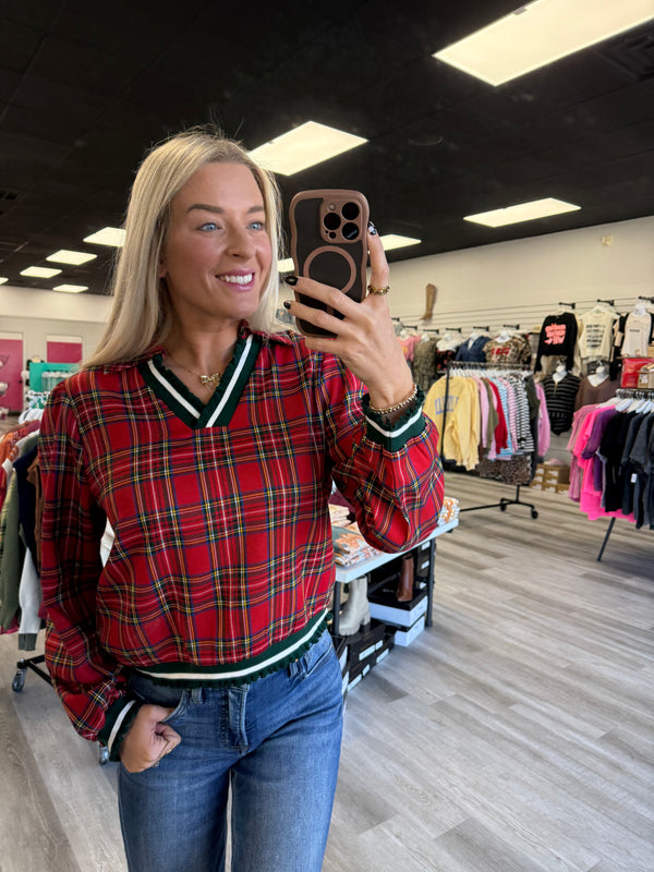 Christmas Plaid Varsity V Neck