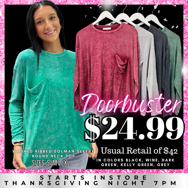 SALE | Washed Ribbed Dolman Sleeve Round Neck Top