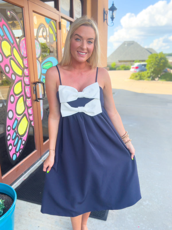 Double Bow Navy Midi Dress